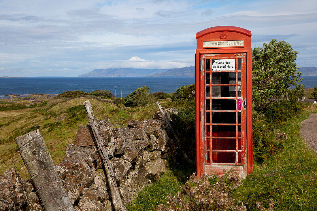 A Red Telephone Booth Beside The Road On The Coast; Argyll Scotland