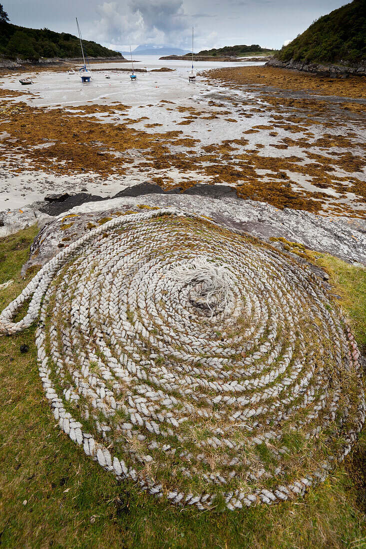 A Curled Rope Left To Grow Into The Grass On The Shore; Arygll Scotland