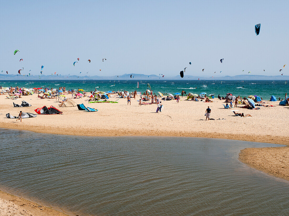 Drachenfliegen an einem Strand; Punta Paloma Tarifa Costa De La Luz Cadiz Andalusien Spanien