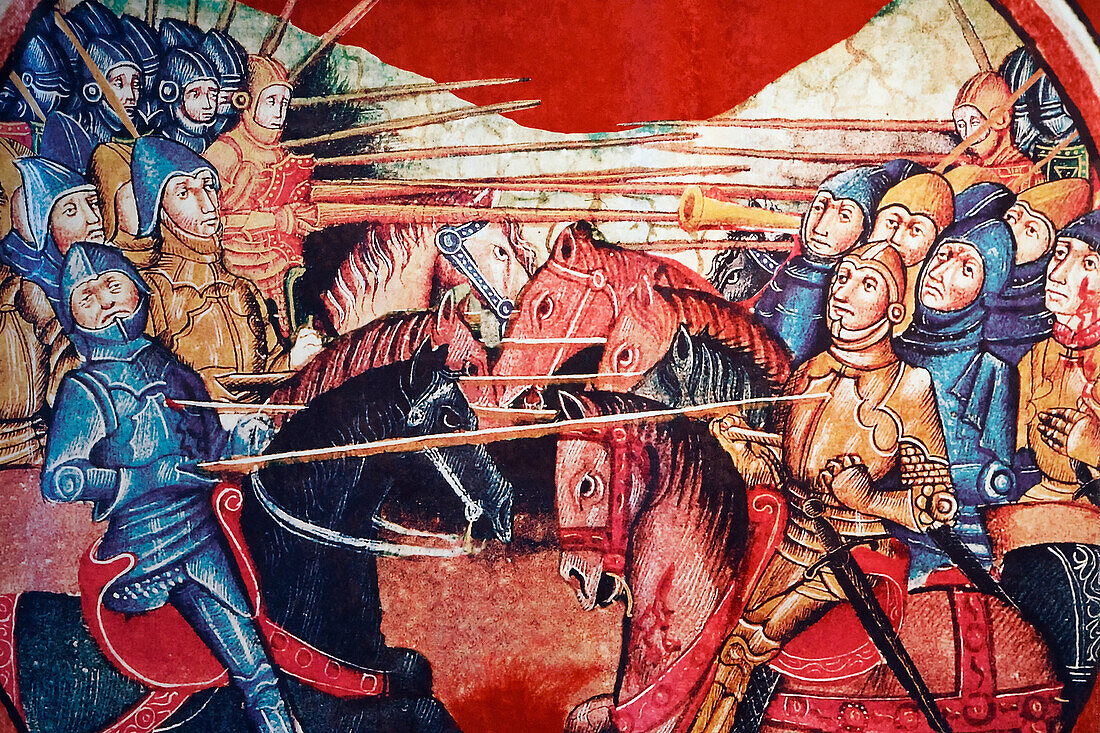 Berittene mittelalterliche Ritter im Kampf im Inneren des Museums der Schlacht von Navas De Tolosa 1212; Santa Elena Provinz Jaen Spanien
