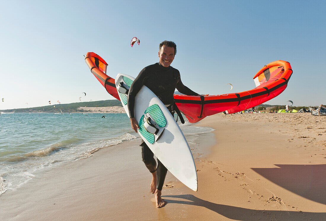 Kitesurfer On The Beach; Tarifa Cadiz Andalusia Spain