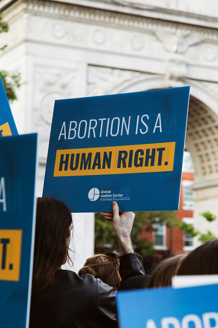 Abortion is a Human Right! Sign at Abortion Rights Rally, Washington Square, New York City, New York, USA