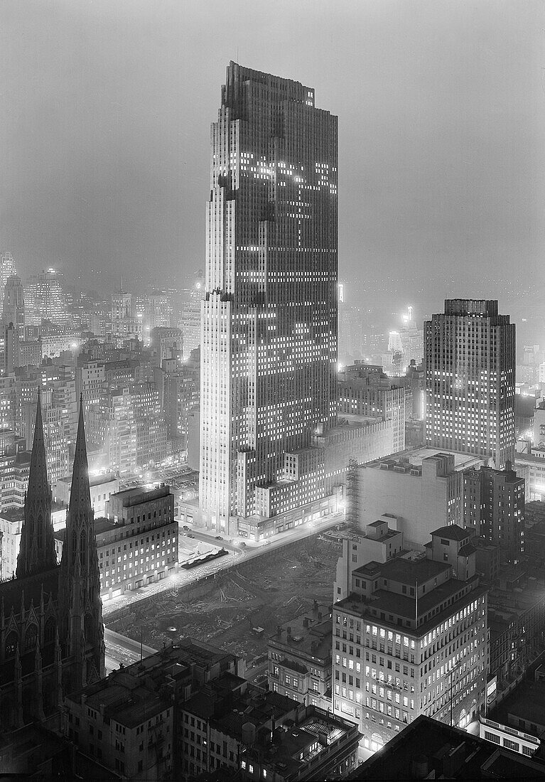 Rockefeller Center at Night, New York City, New York, USA, Gottscho-Schleisner Collection, 1933