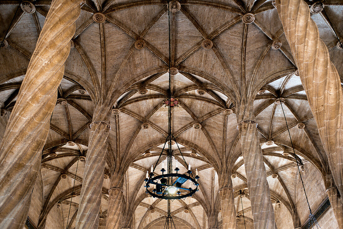 Low Angle View of Hall of Columns, Lonja de la Seda, The Silk Exchange, Valencia, Spain