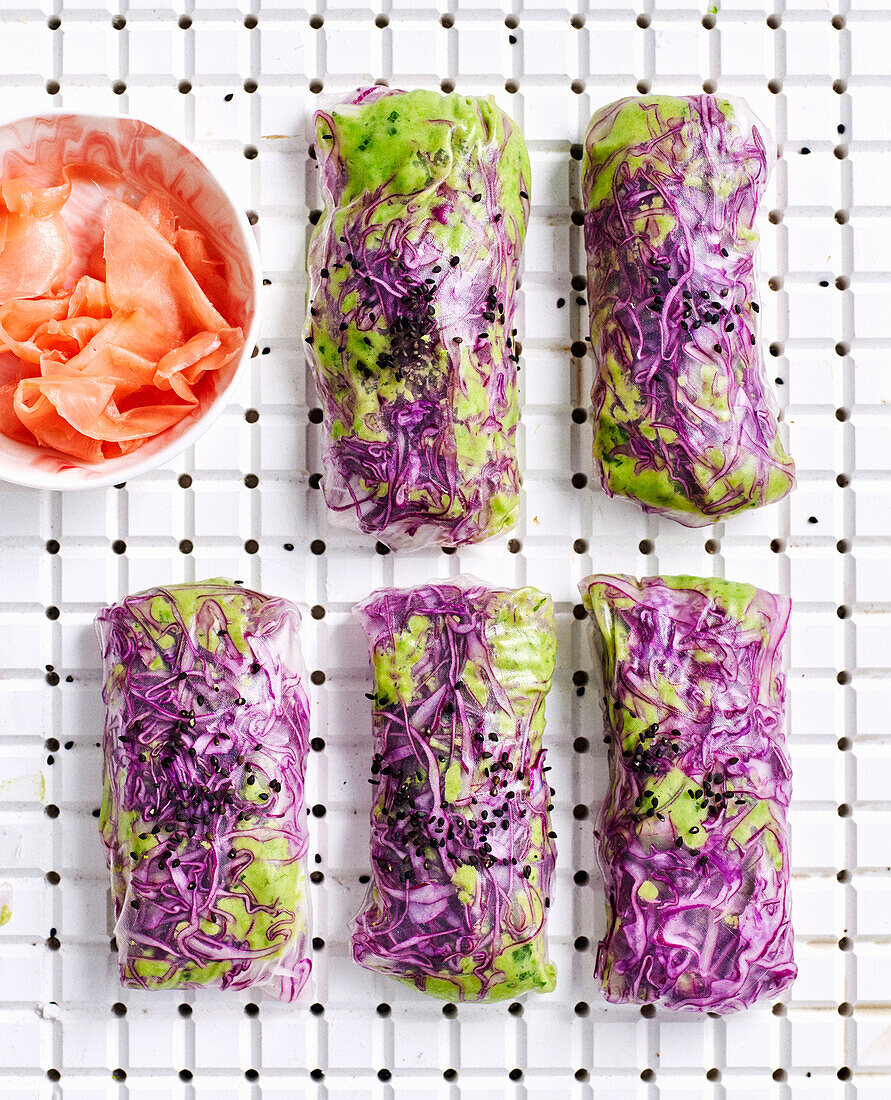 Vegan pea, miso and mint rice paper rolls