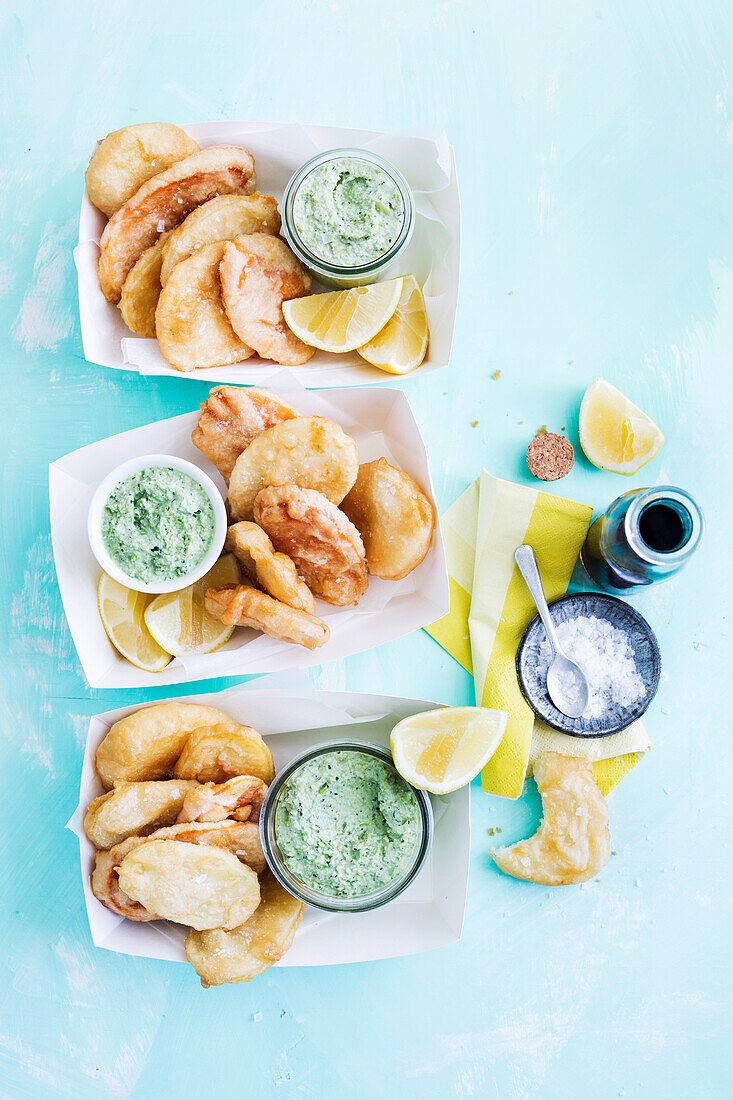 Beer battered potato scallops with minty dip