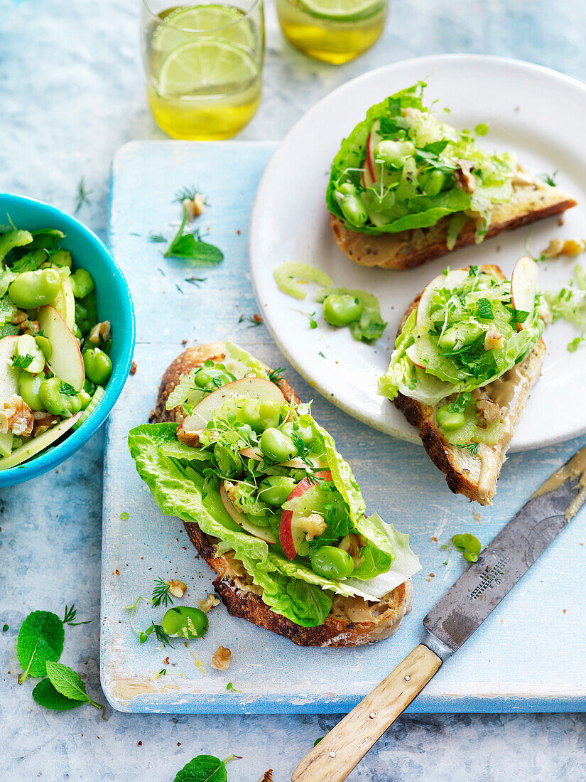 Vegan broad bean, apple and walnut open sandwich