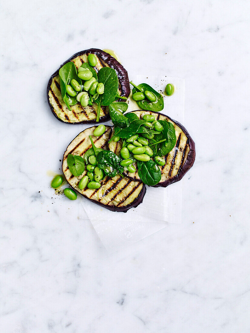 Chargrilled eggplant with edamame and ginger dressing