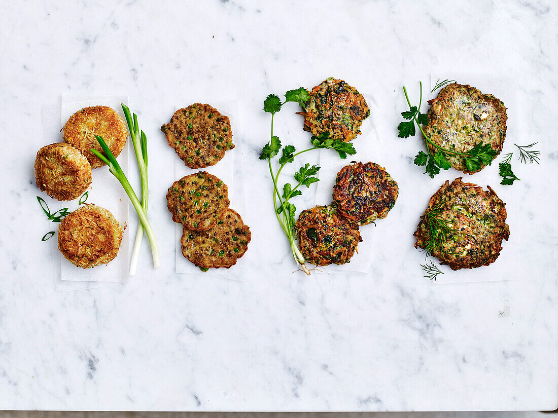 4x vegetable fritters - corn and sweet potato, lentil and pea, sweet potato, zucchini