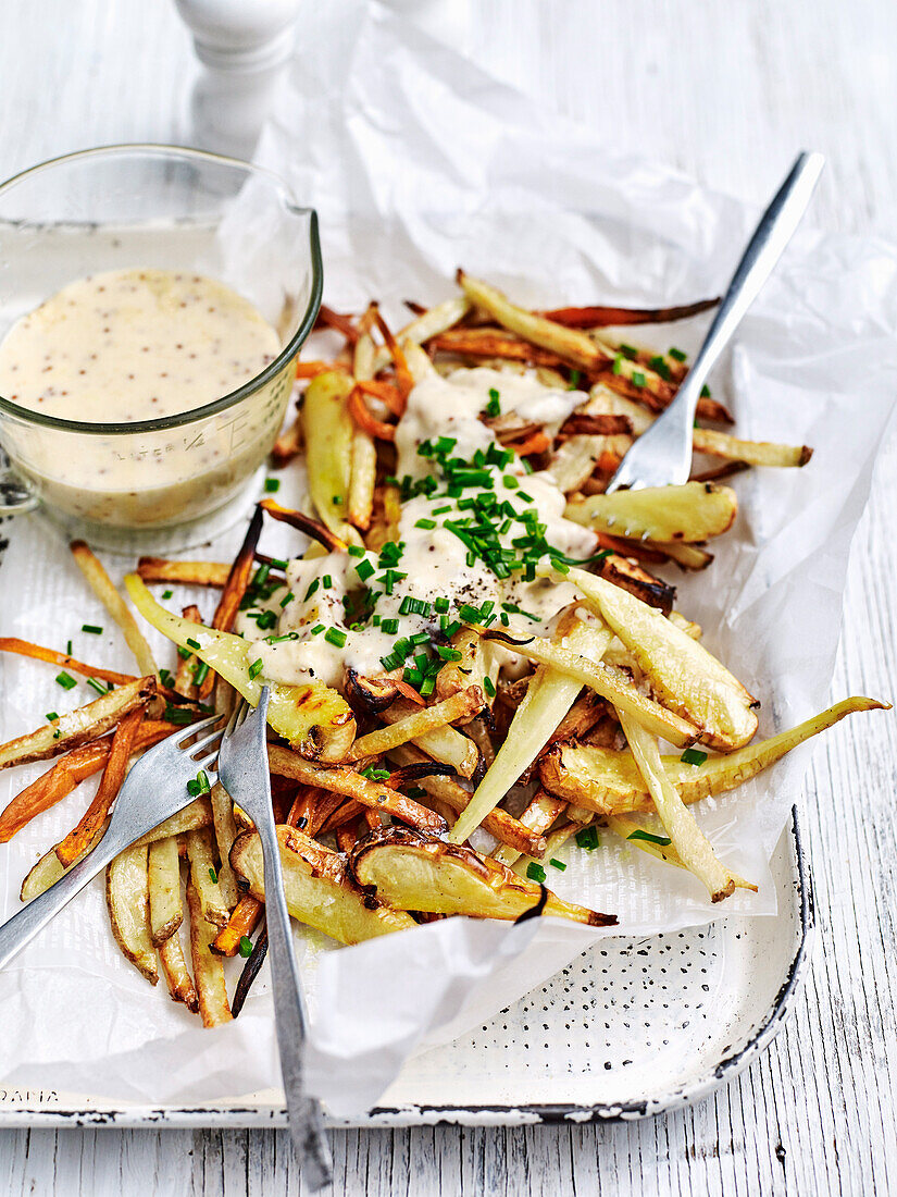 Loaded mixed fries with mustard sauce