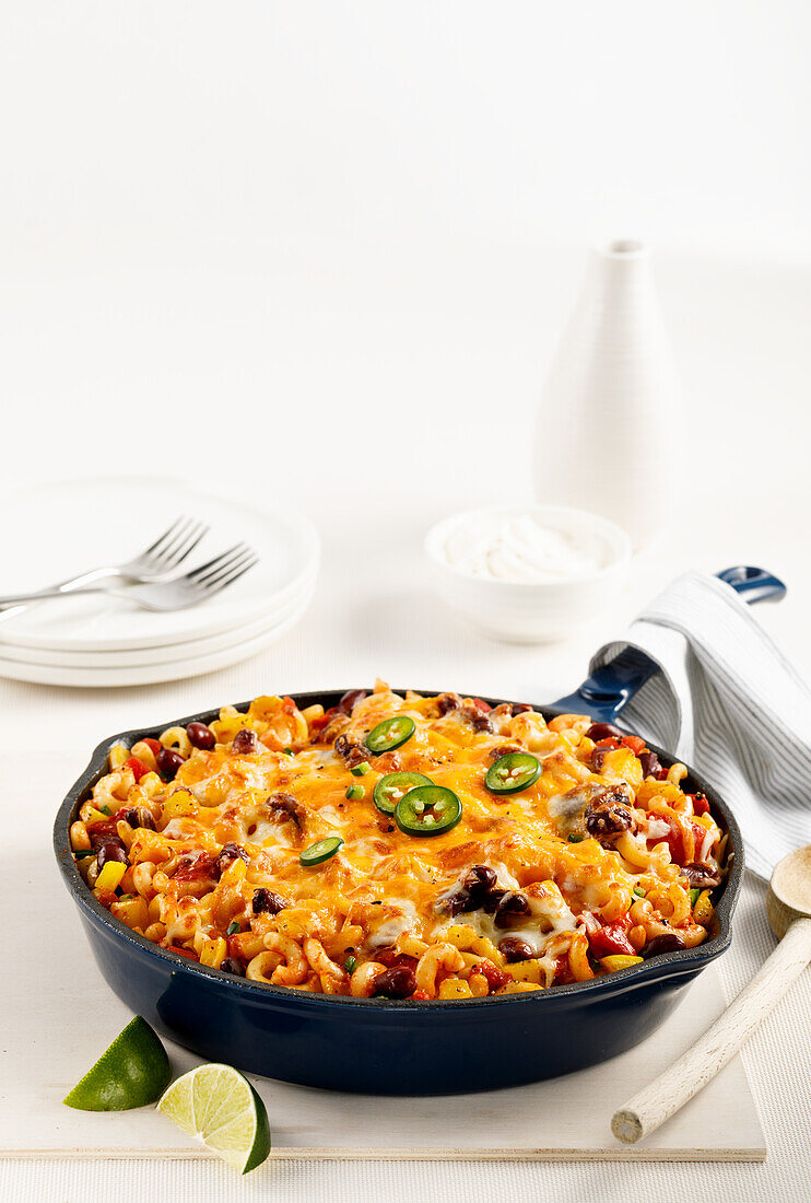Macaroni and cheese Mexican style with jalapeno, corn and black beans