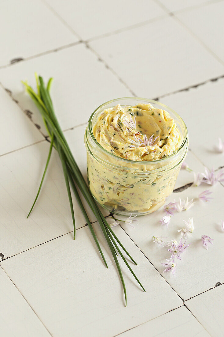 Whipped herb butter with chive blossoms and garlic