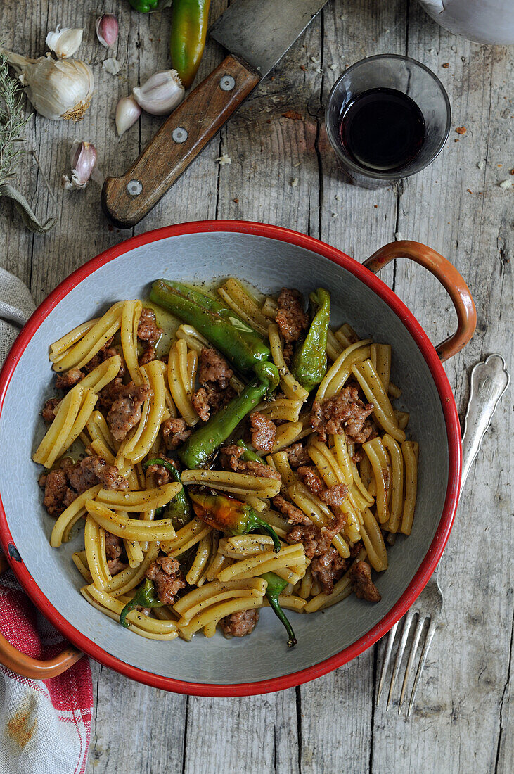 Casarecce pasta with Friarelli peppers and sausage