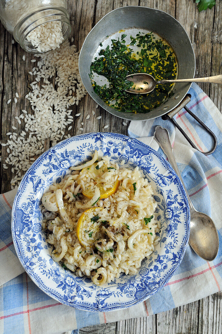 Moscardini-Risotto mit Babyoktopus und Petersiliendressing