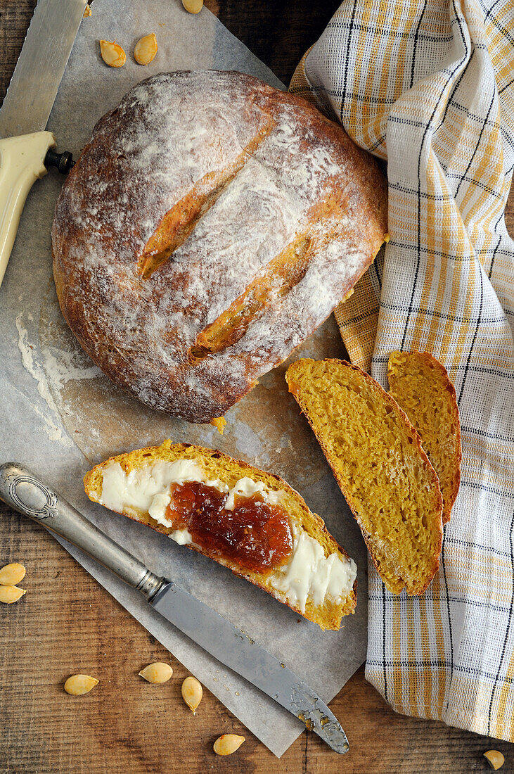 Pumpkin bread with butter and jam