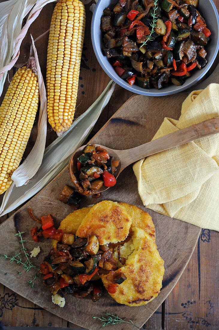 Italian polenta cakes with Mediterranean vegetables