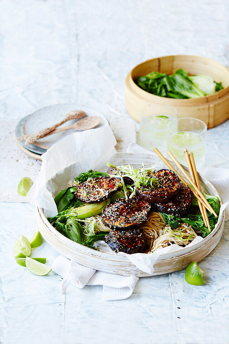 Hoisin-baked eggplant with steamed greens