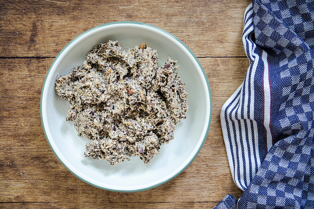 Mixture of black beans, spices, onions, flaxseed, and mushrooms for vegan bean patties