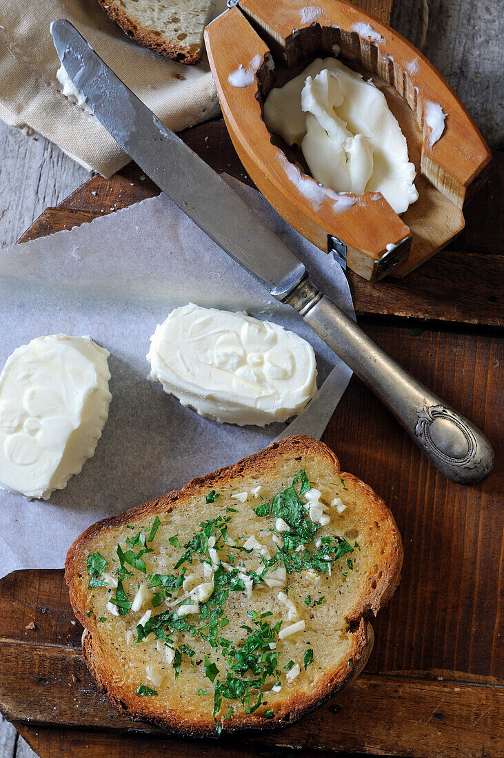 Garlic bruschetta with homemade butter