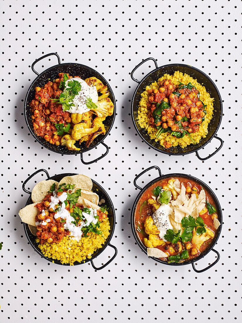 4x chana masala for lunch - with turmeric cauliflower, spinach chana masala with cauliflower, chaat, soup