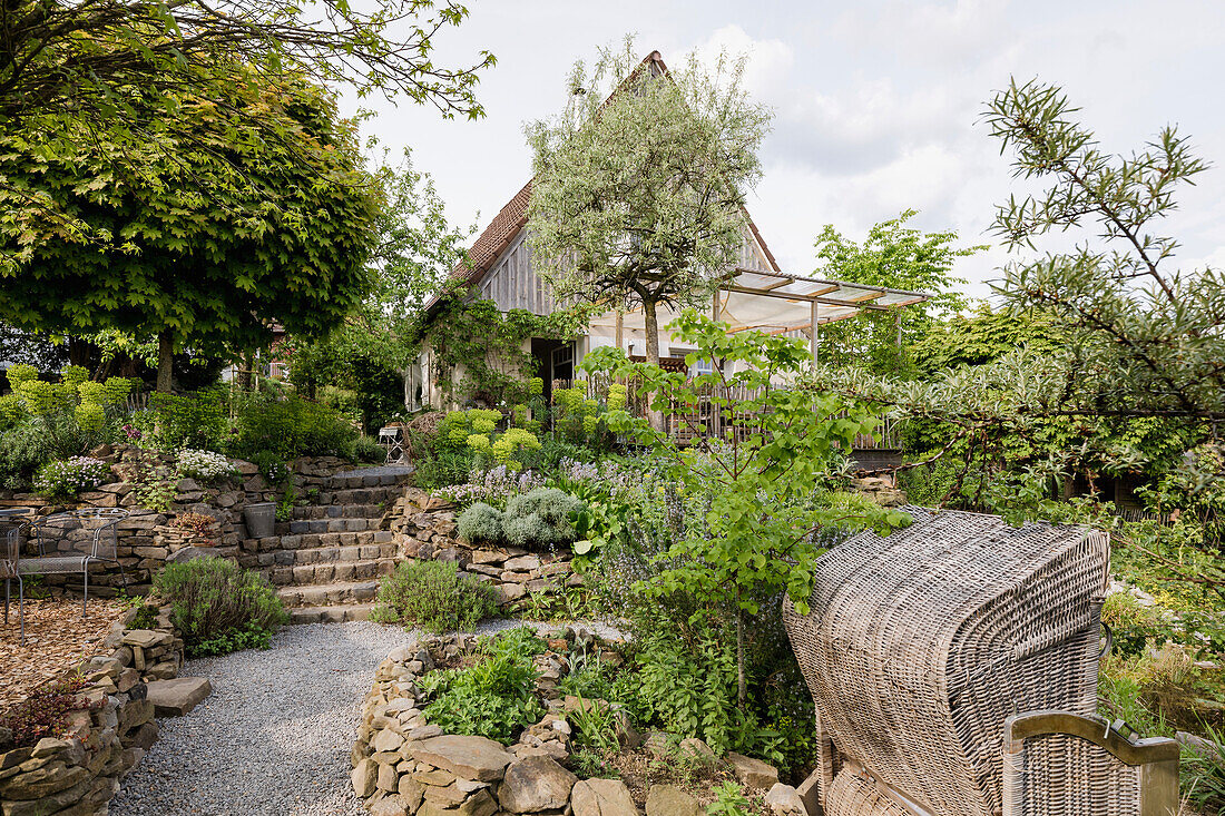 Terrassengarten mit Trockenmauern und vielfältiger Bepflanzung vor Landhaus