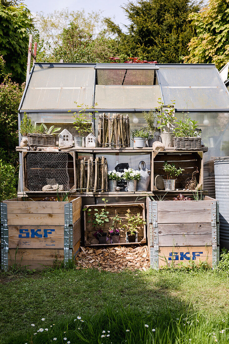 Upcycling-Gartenregal aus alten Holzkiste, Gewächshaus im Hintergrund