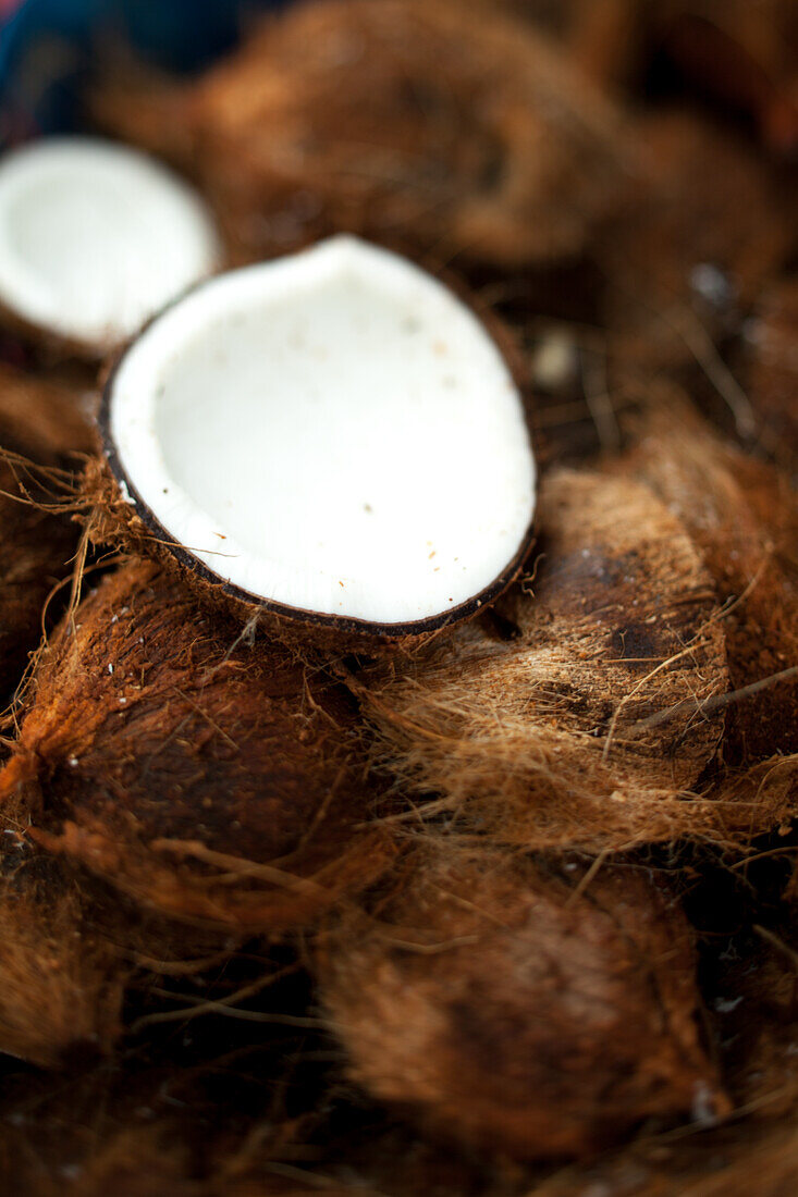 Coconuts, whole and broken open