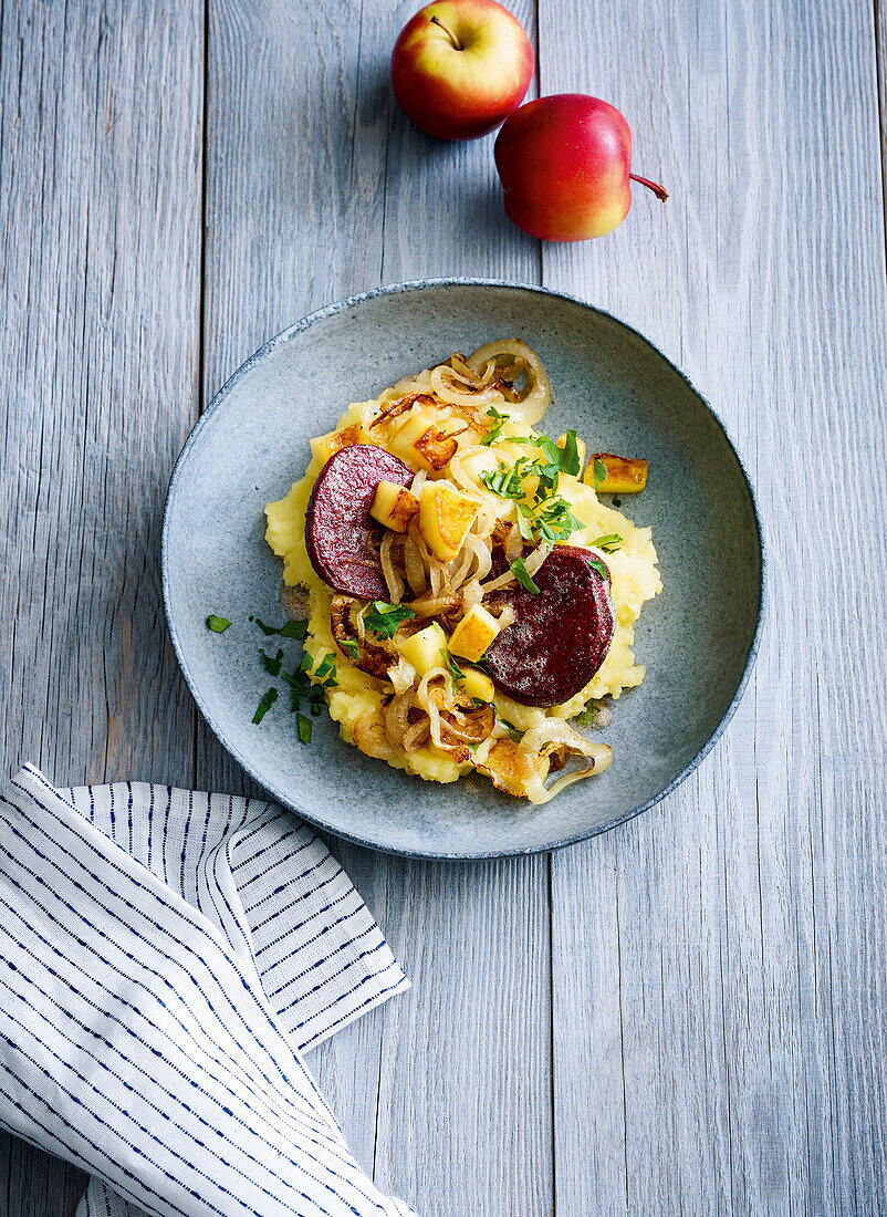 Vegetarian German heaven and earth potatoes with beetroot