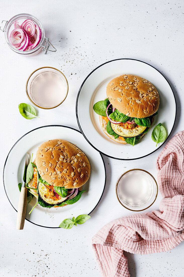 Eggplant sandwich with onions, spinach, and chickpeas