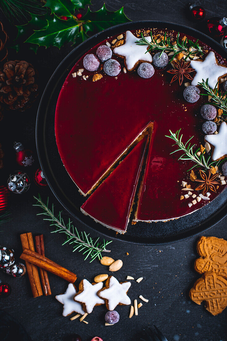 Danish Risalamande Cheesecake at Christmas decorated with cinnamon stars