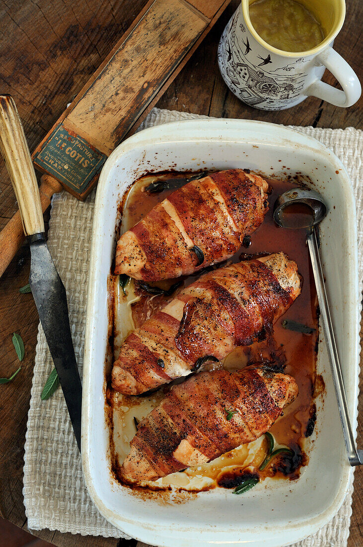 Bacon wrapped turkey rolls