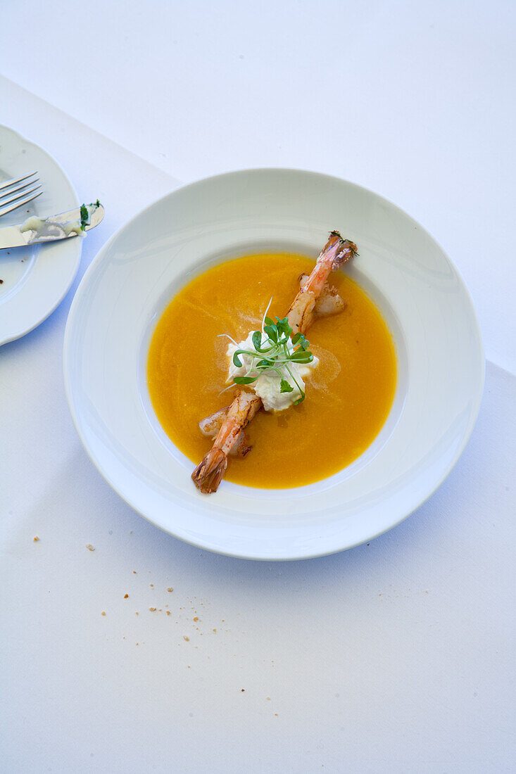 Pumpkin soup with Norway lobster