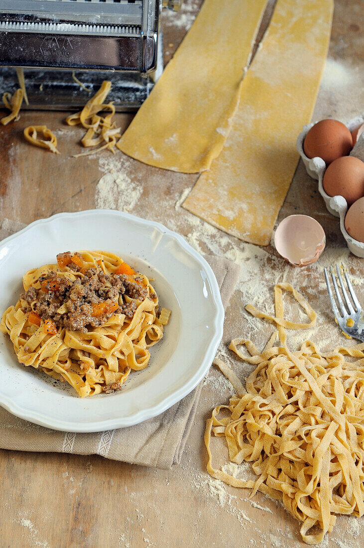 Homemade tagliatelle with ragu al bolognese