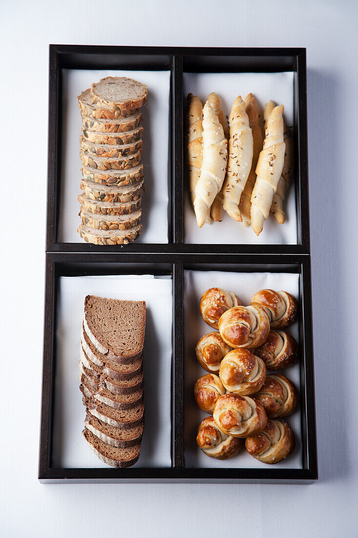 Pumpkin seed bread, caraway seed croissants, rye bread and pretzel knots