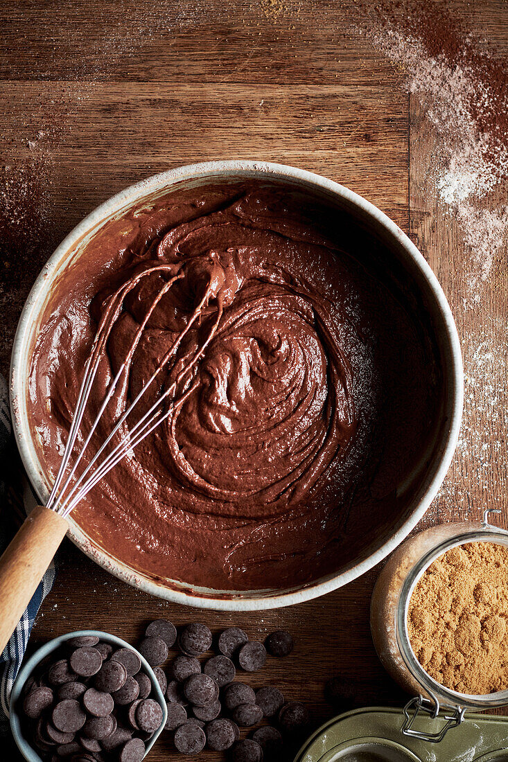 Dough for chocolate muffins with chocolate chips