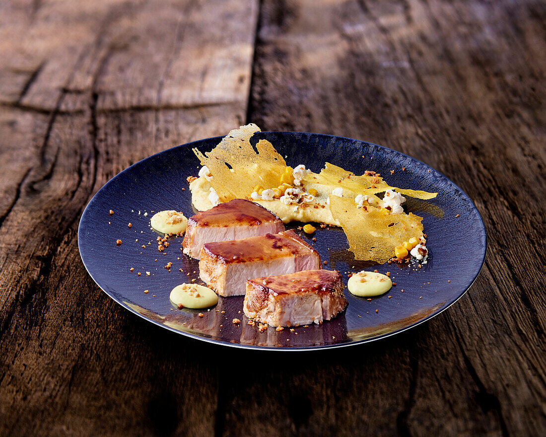 Caramelised pork with polenta