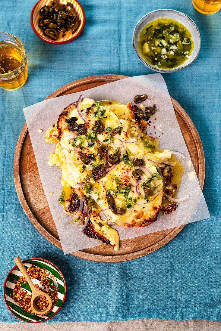 Giant Grilled Cheese with Olives, Jalapeno and Chilli Flakes