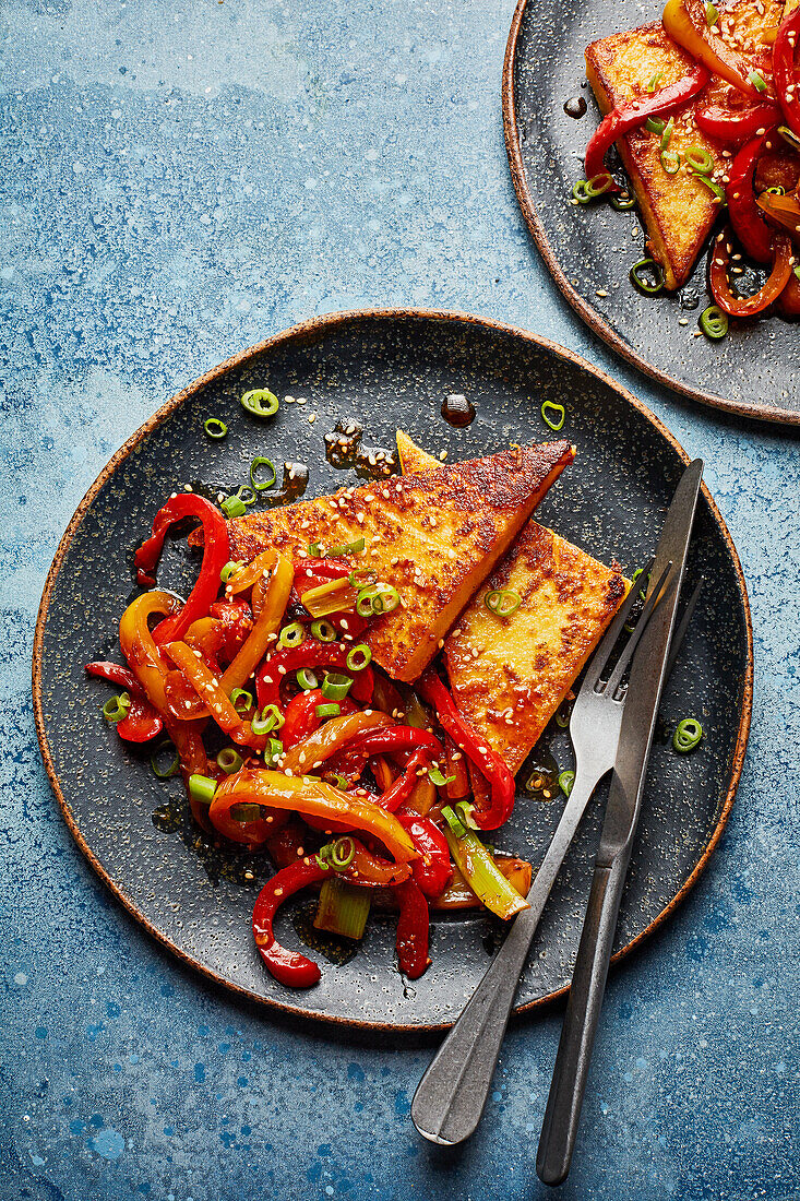 Polenta fried in miso with soy peppers