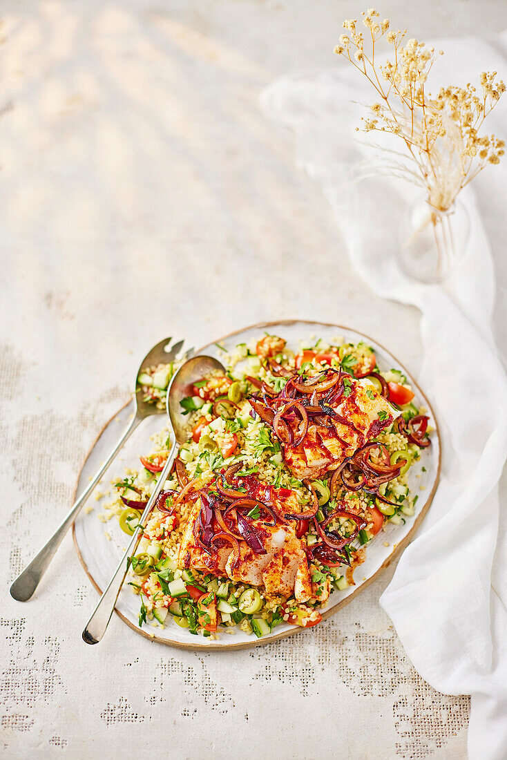 Harissa-Fisch auf Bulgursalat