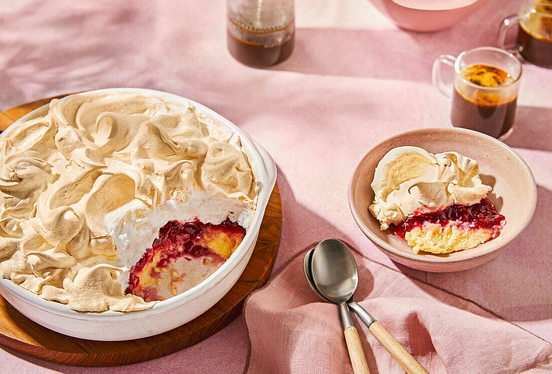 Queen of the Puddings (dessert with milk pudding, raspberry jam and meringue topping, England)