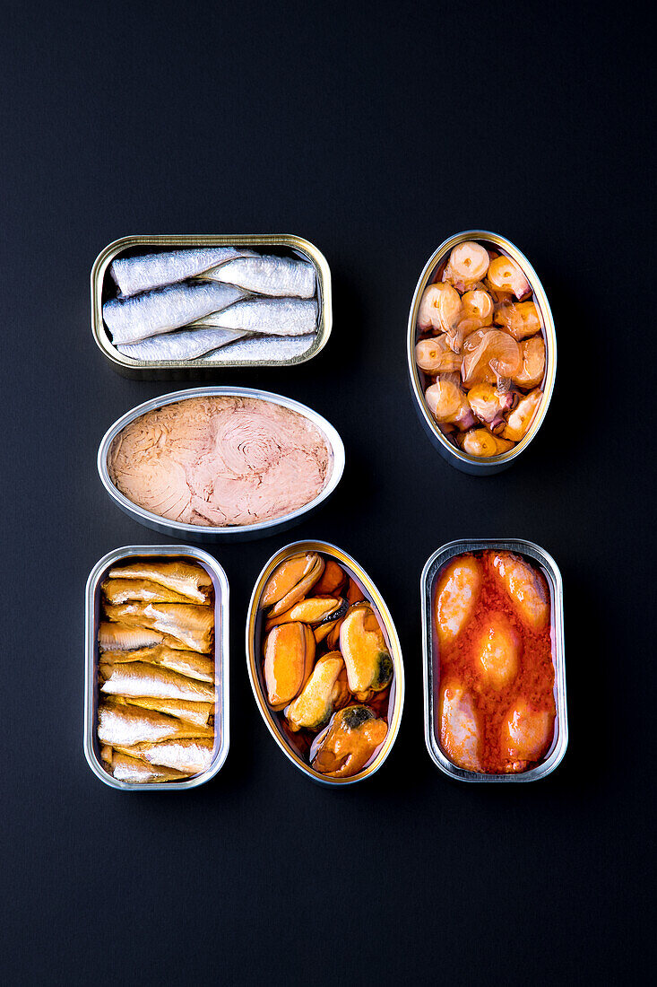 Canned products with mussels, sardines, octopus and tuna