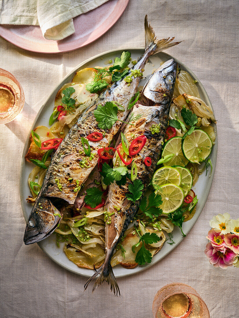 Ganze gebackene Makrelen mit Fenchel, Chili und Zitronengras