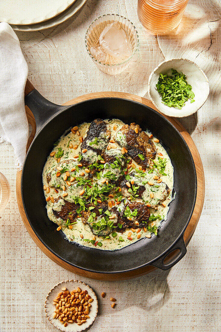 Deep-fried stuffed vine leaves with dill cream