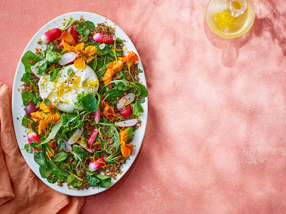 Rettich-Kapuzinerkresse-Salat mit knusprigem Quinoa und Burrata