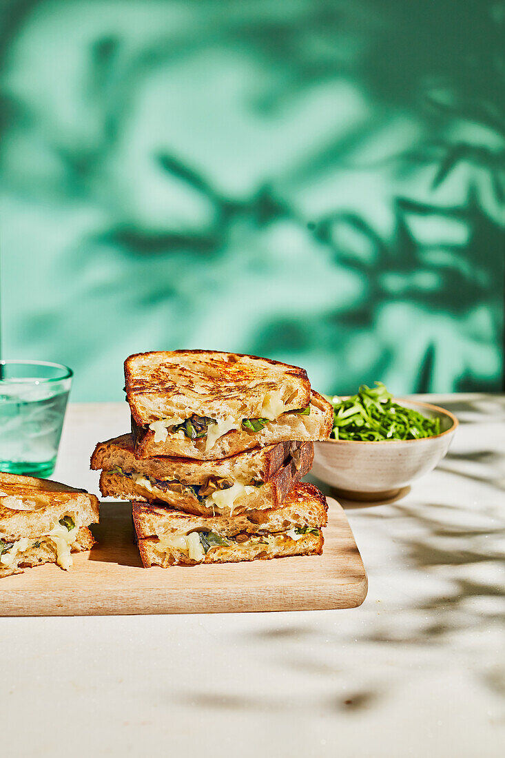 Taleggio grilled cheese with basil and pickled walnuts