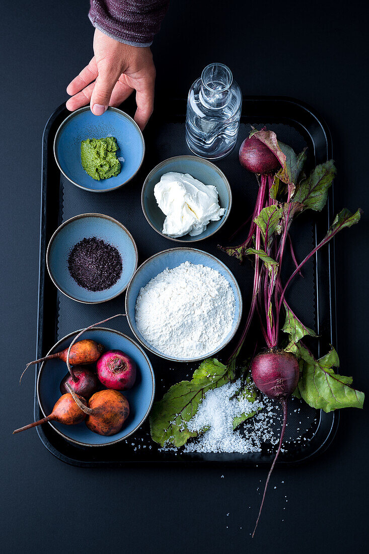 Beetroot, yellow beetroot, spices, pesto, sour cream and flour