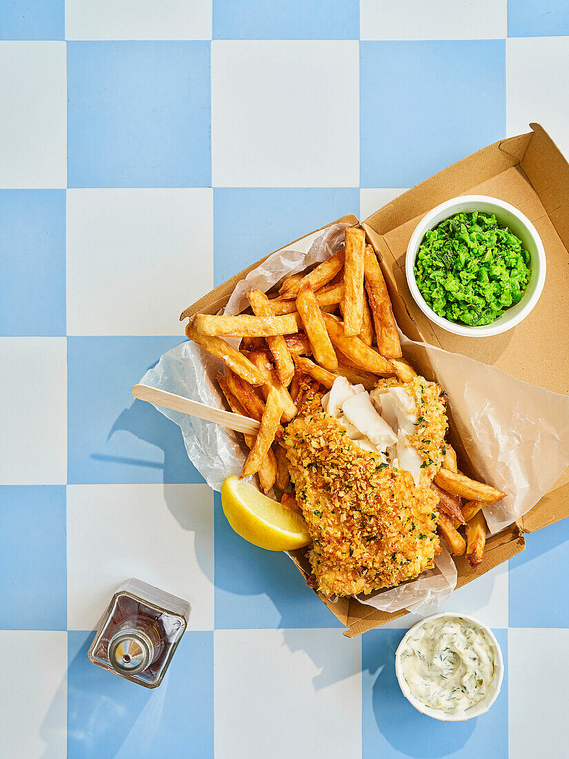 Fish with salt and vinegar fries, dill mayonnaise and pea and mint mash