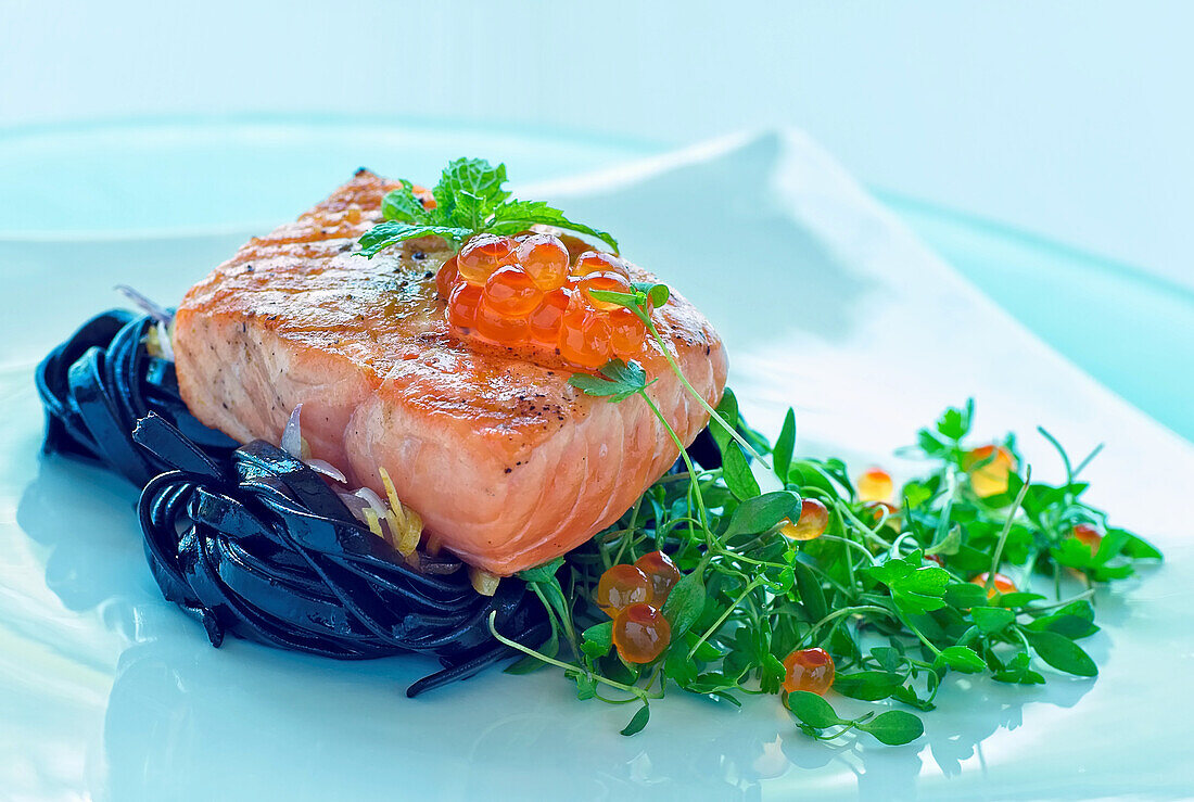 Black linguini with sea bass and fish roe