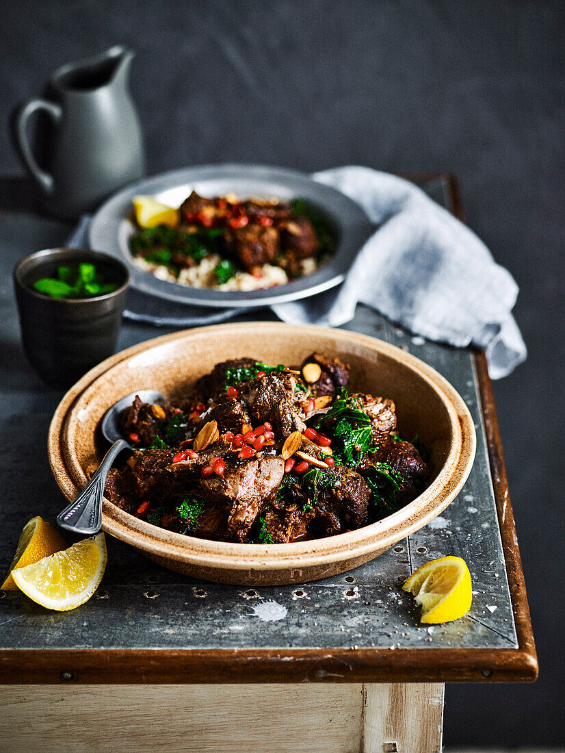 Lamb with kale and pomegranate