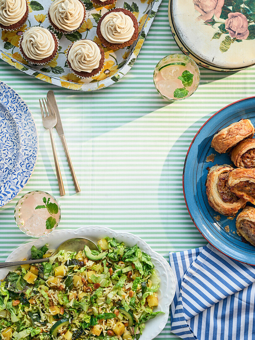 Coffee-caramel cupcakes, Ploughman's sausage rolls, peanut-lime salad